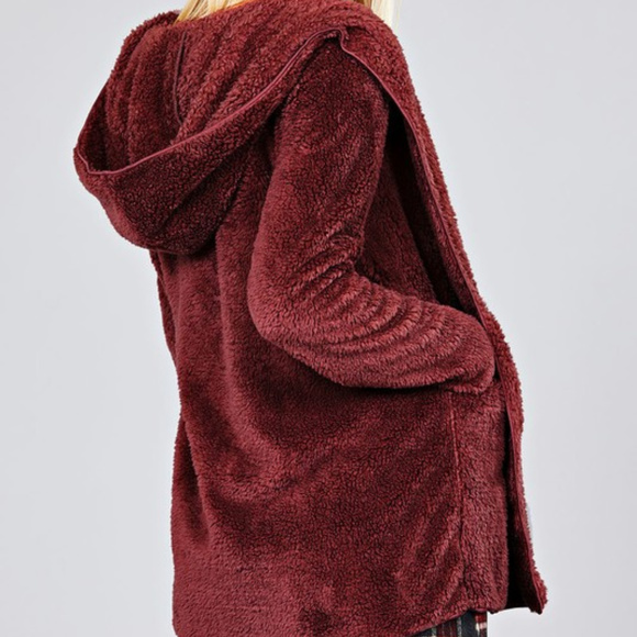 1 LEFT Burgundy Faux Fur Hooded Jacket - Picture 4 of 5